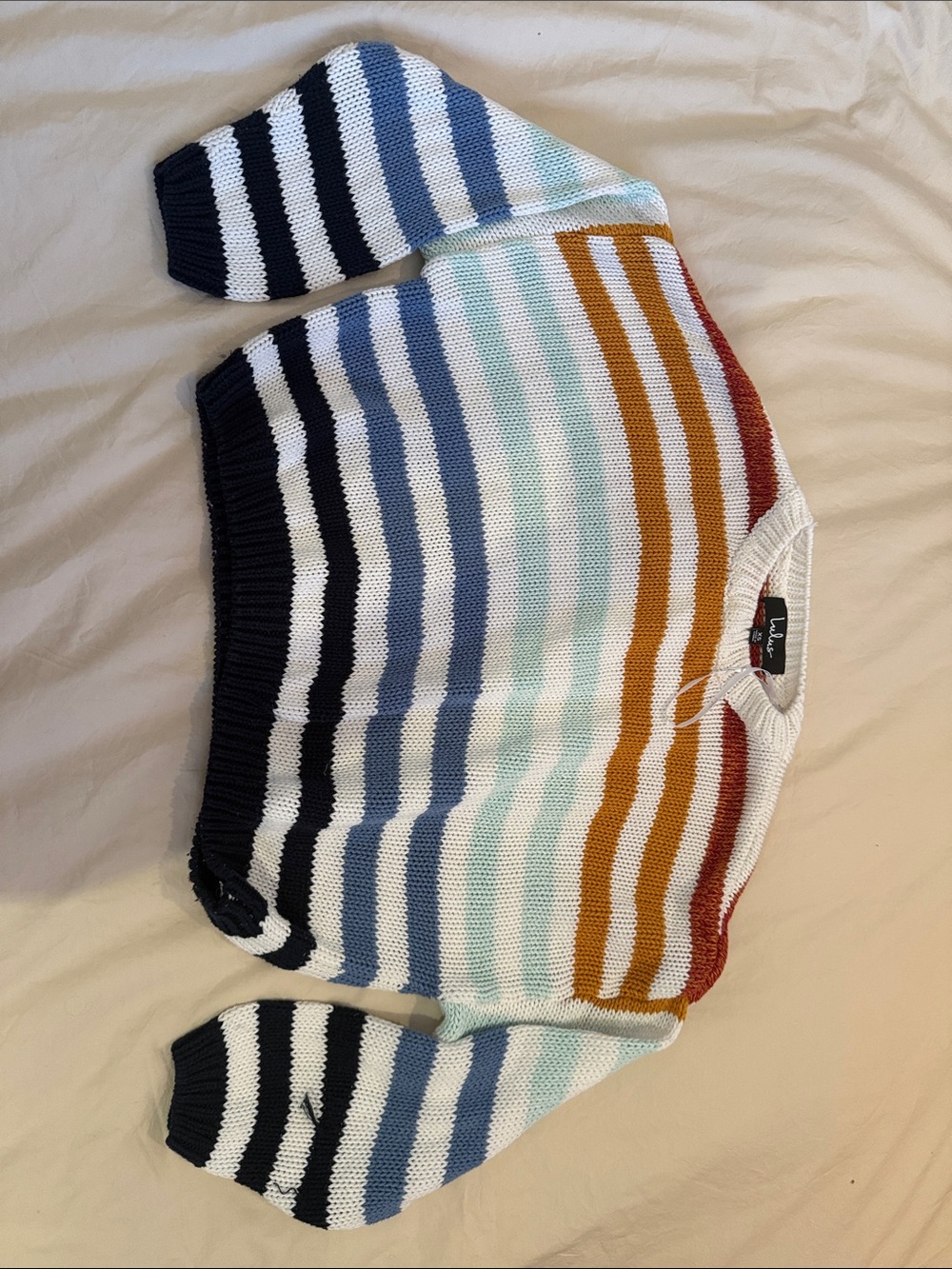 Lulu's White Crewneck Sweater with Blue, Tan, Rust & Black Stripes